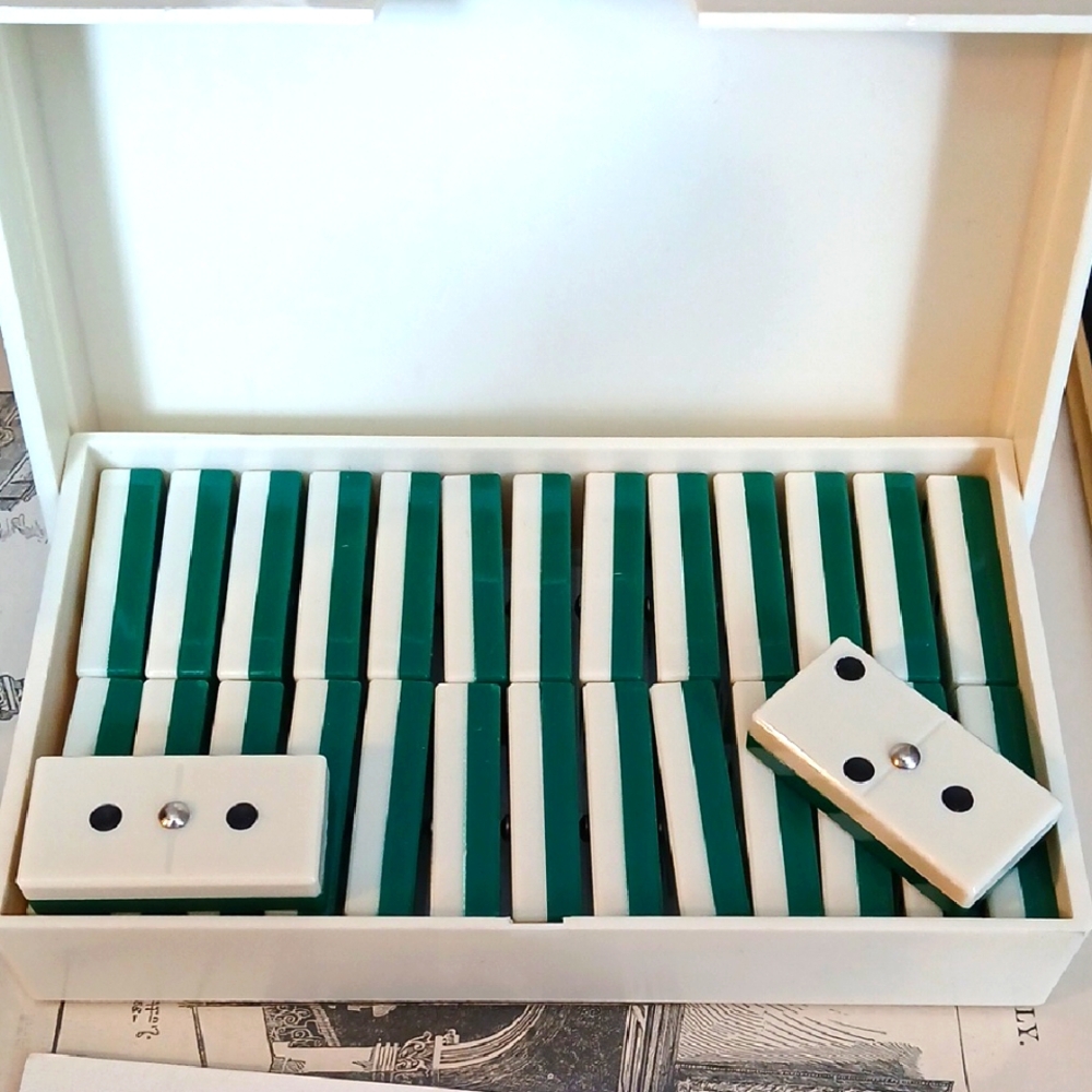 White and Green Bakelie/ Celluloid Domino Set